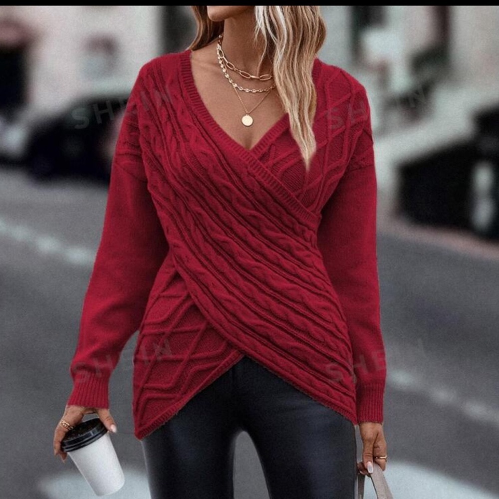 Wrap Cross Drop Shoulder Cable Knit Sweater